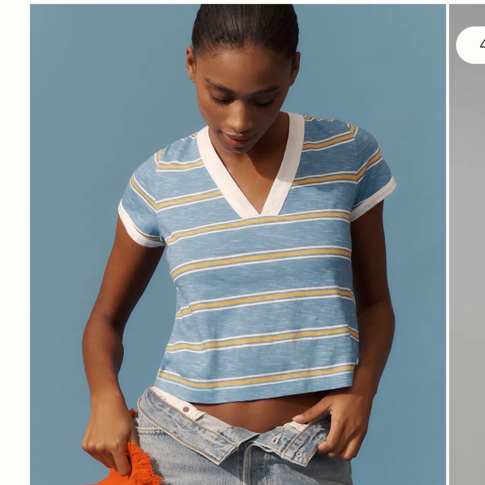 Pilcro Blue and Yellow Striped V-Neck Tee - Picture 3 of 3